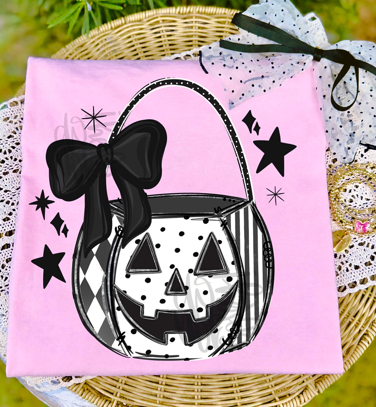 Black and white pumpkin bucket Sunday Special DTF transfer