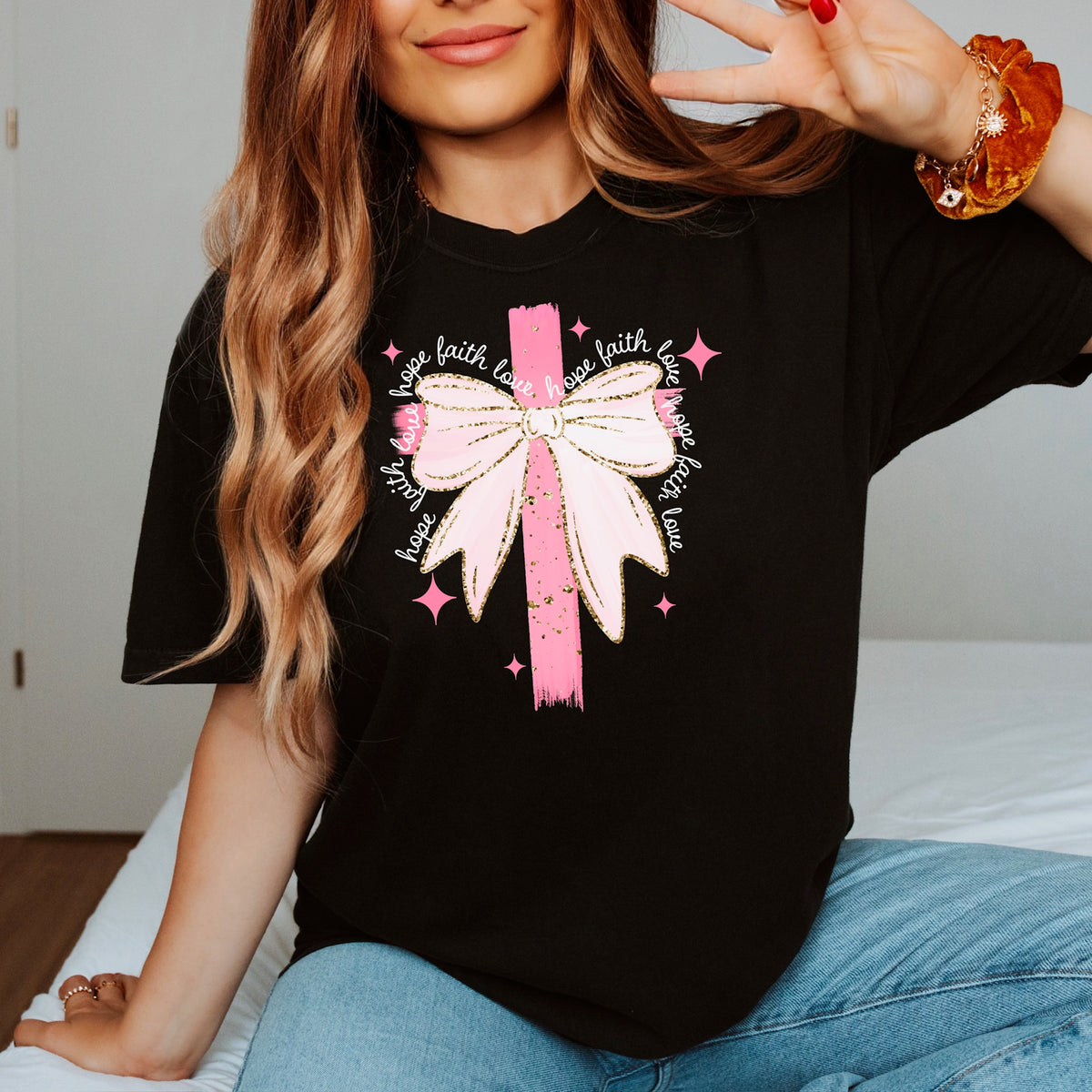 Hope Faith Love Pink Cross and Bow (WHITE WORDS) (exclusive) DTF Transfer