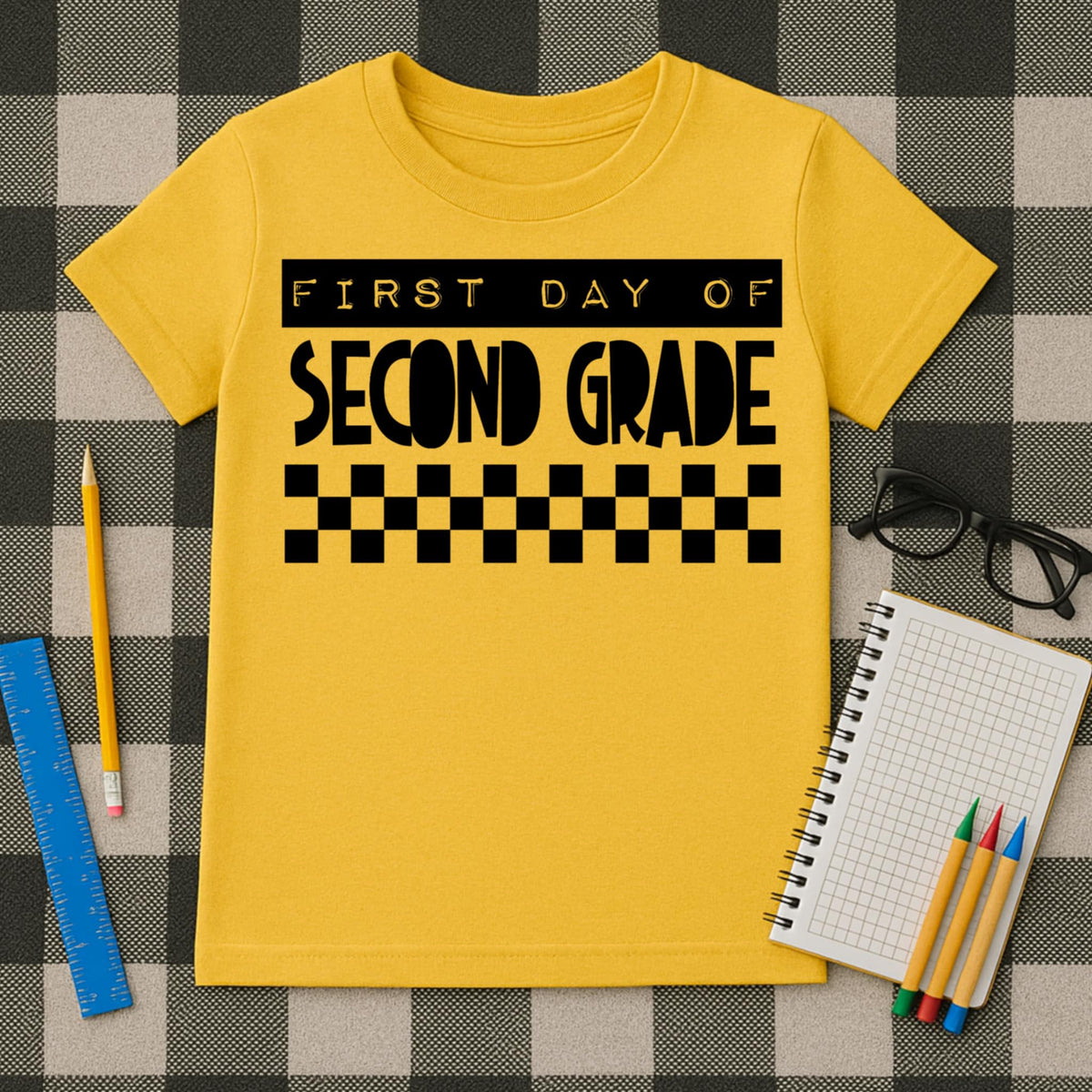 First Day Second Grade Block Letters and Checker BLACK DTF transfer