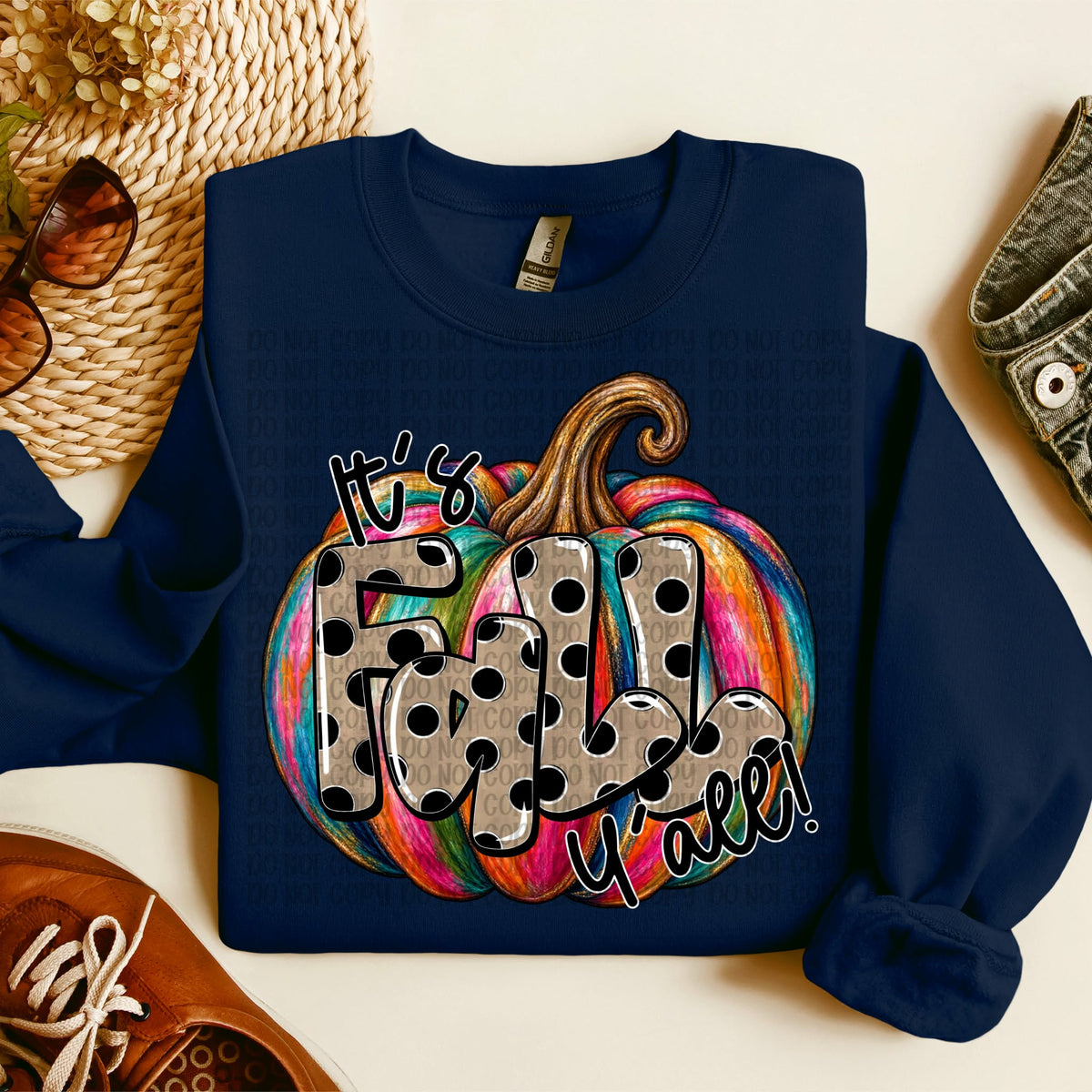 It’s fall y’all colorful tye dye pumpkin and polkadot font Tuesday Deal DTF
