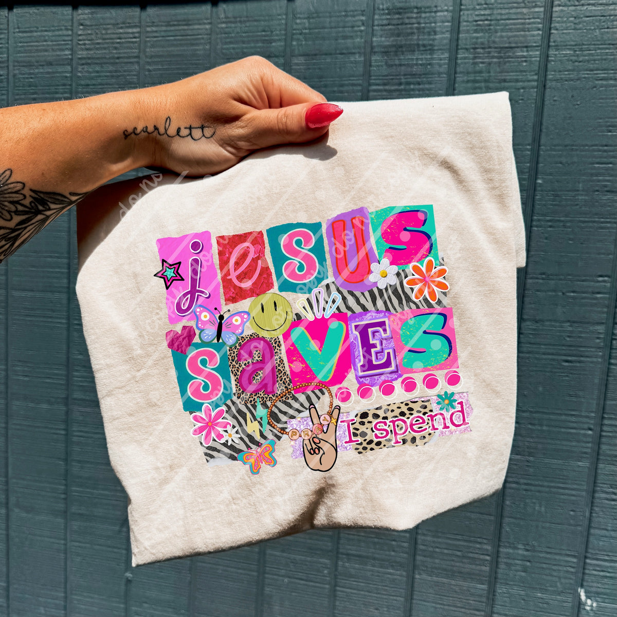 Jesus Saves I spend magazine collage font (MZ) DTF transfer