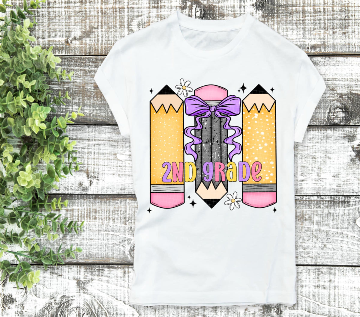 Second Grade Checker & Pencils girly (with bow) (linda) DTF transfer