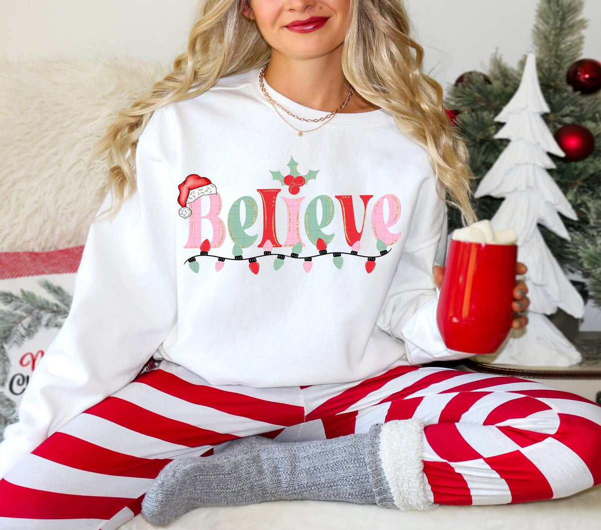 Believe Red Santa Hat (mint pink and red letters) (Linda) DTF Transfer