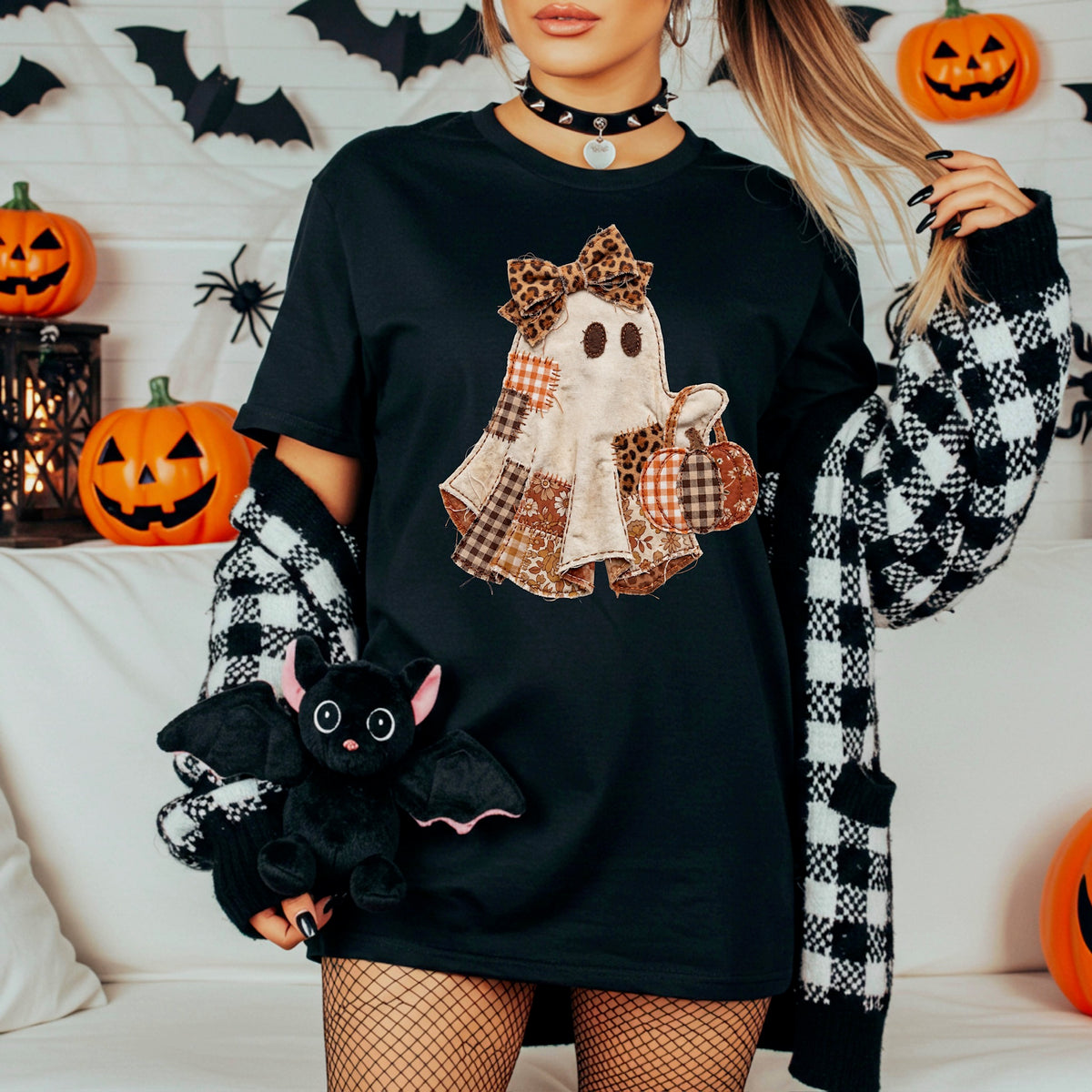 Patchwork Ghost leopard bow (plaid pumpkin) Sunday Special DTF transfer