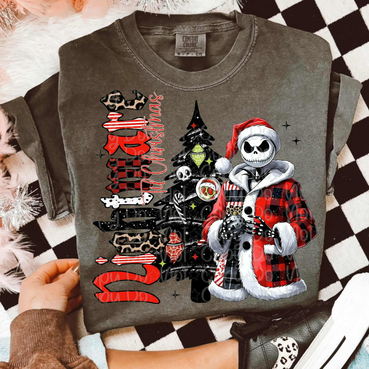 Nightmare creepy Christmas tree and plaid jacket skeleton (Virgo) DTF transfer