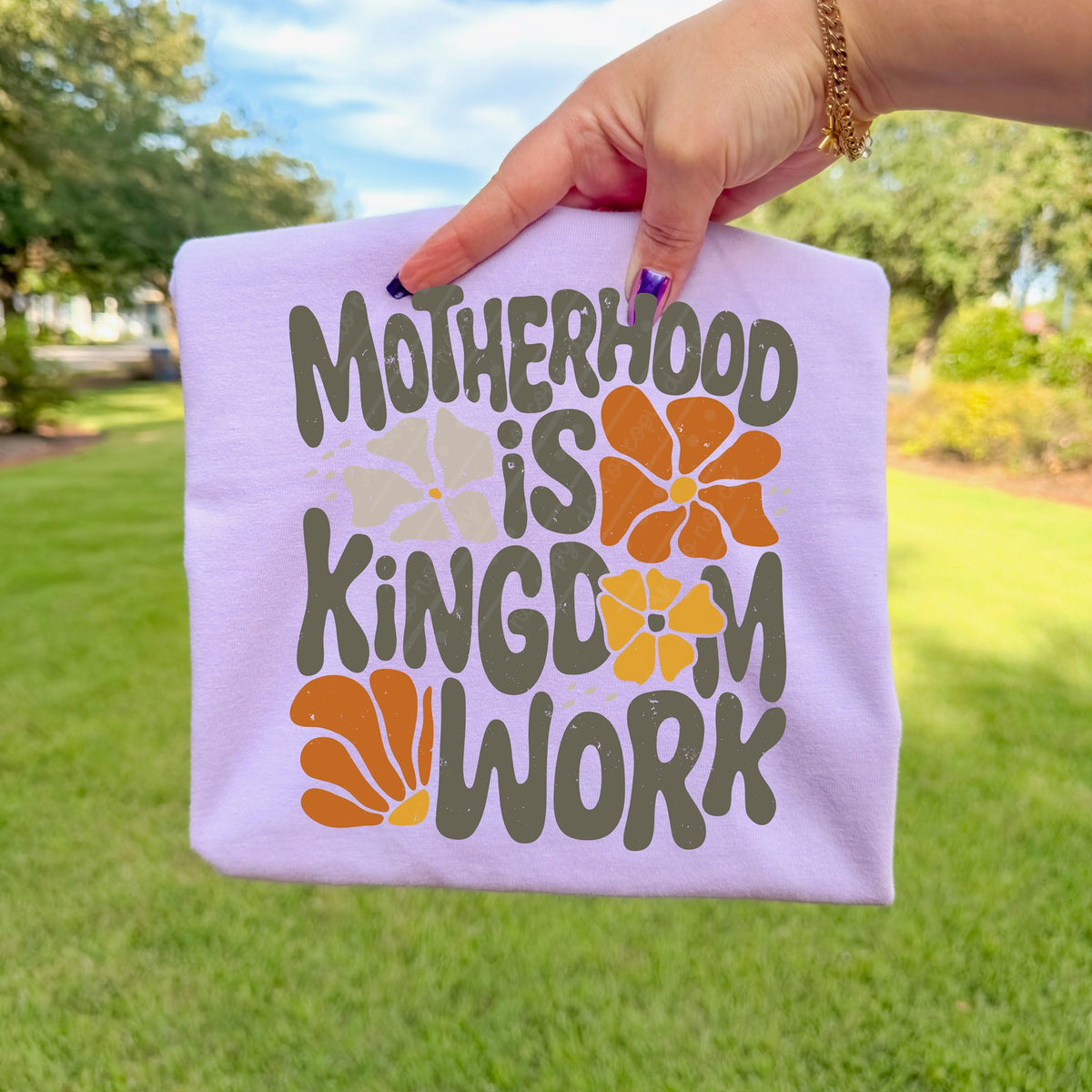 Motherhood is kingdom work (gray orange yellow) distressed DTF Transfer