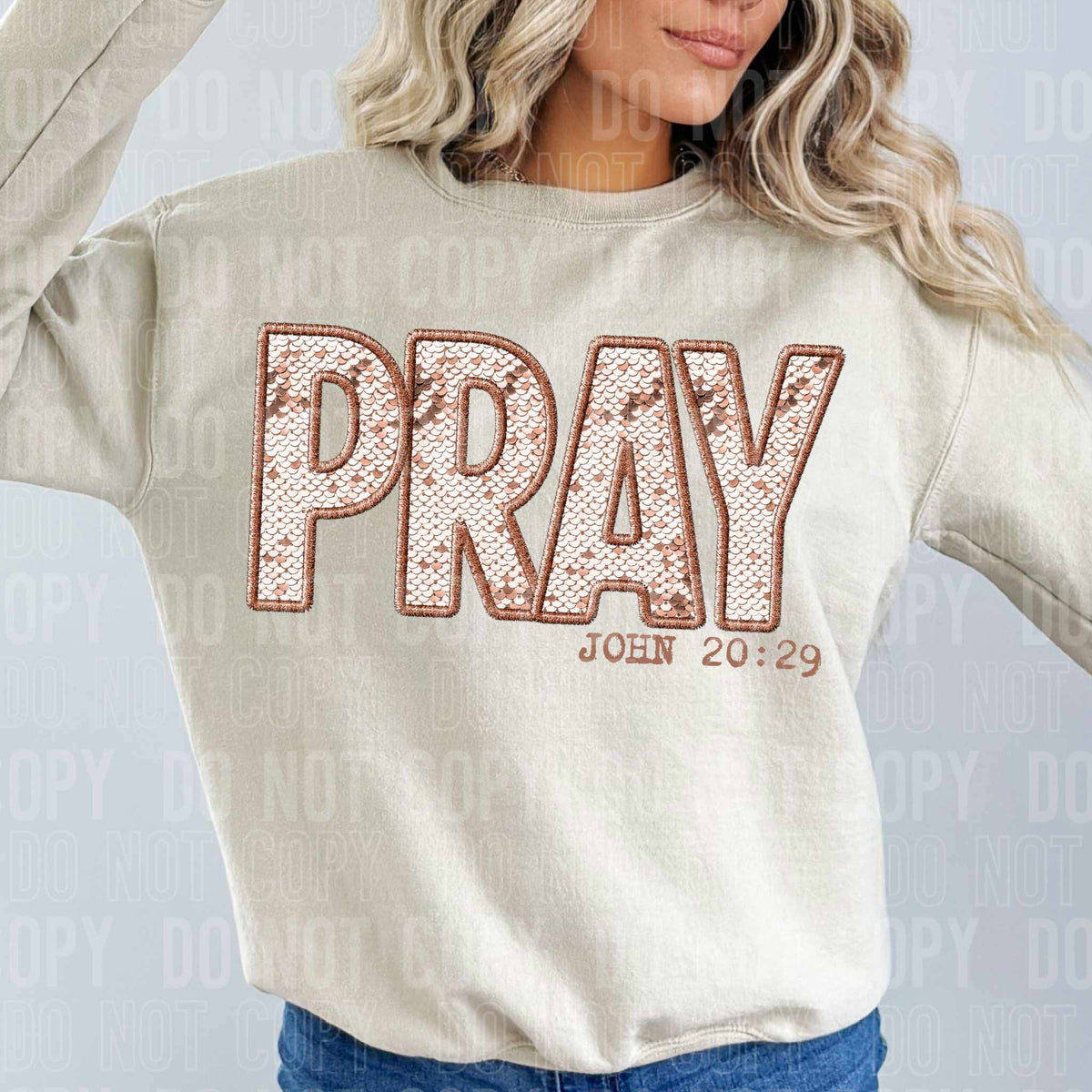 Pray John 20:29 brown sequin (SBB) DTF transfer