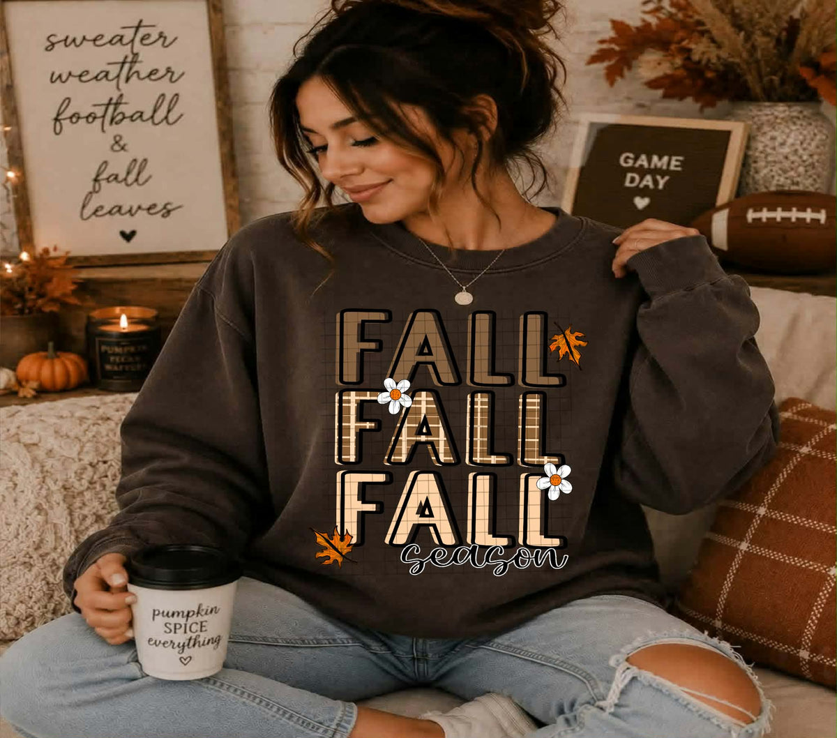 Fall stacked season with white daisys brown and plaid print  (Linda) DTF transfer