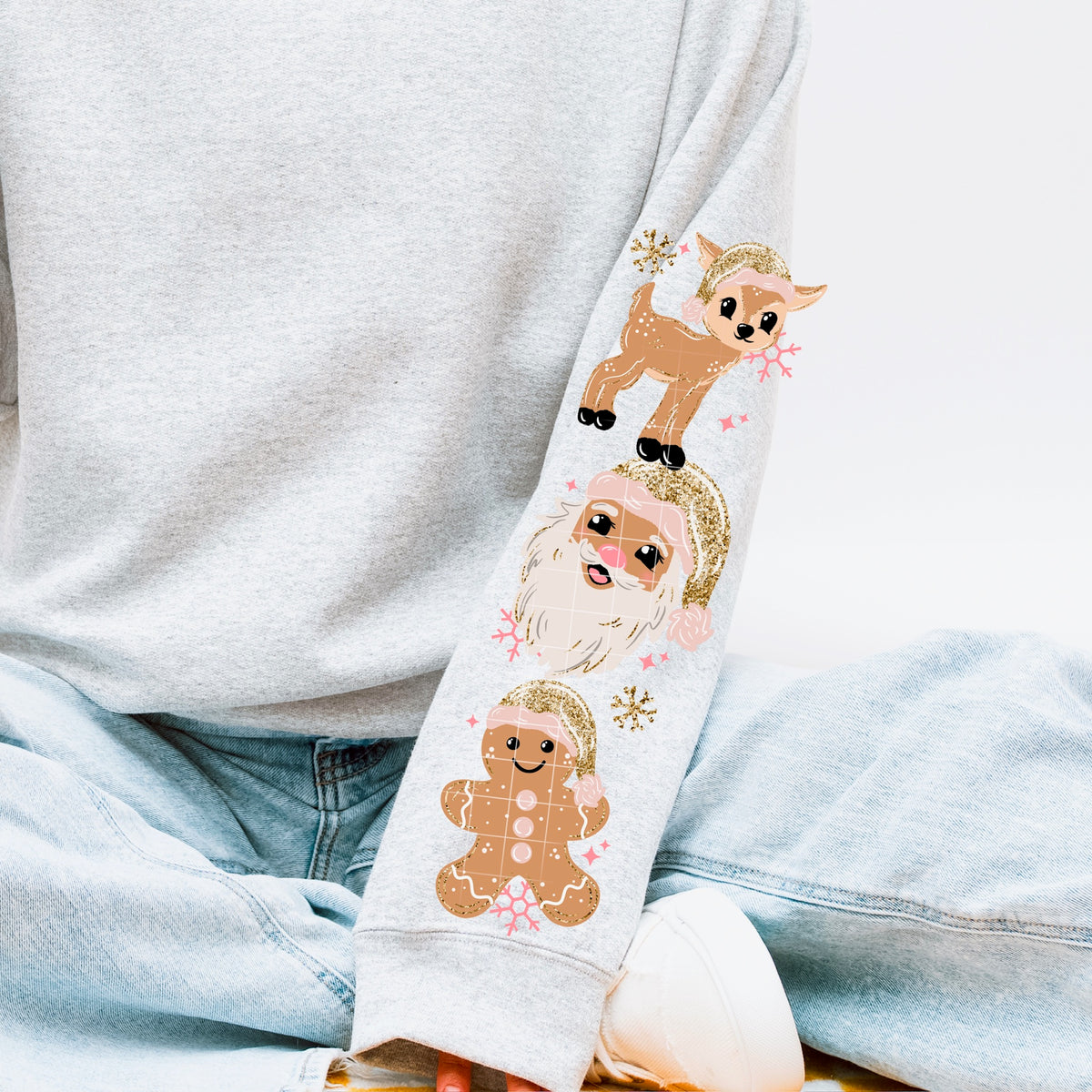 Glitter Santa, gingerbread, reindeer lighter skin tone SLEEVE CSC DTF Transfer