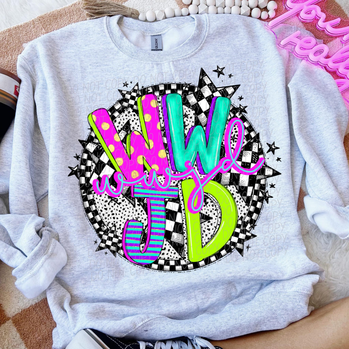 WWJD neon font circle (CITY) 91306 DTF transfer