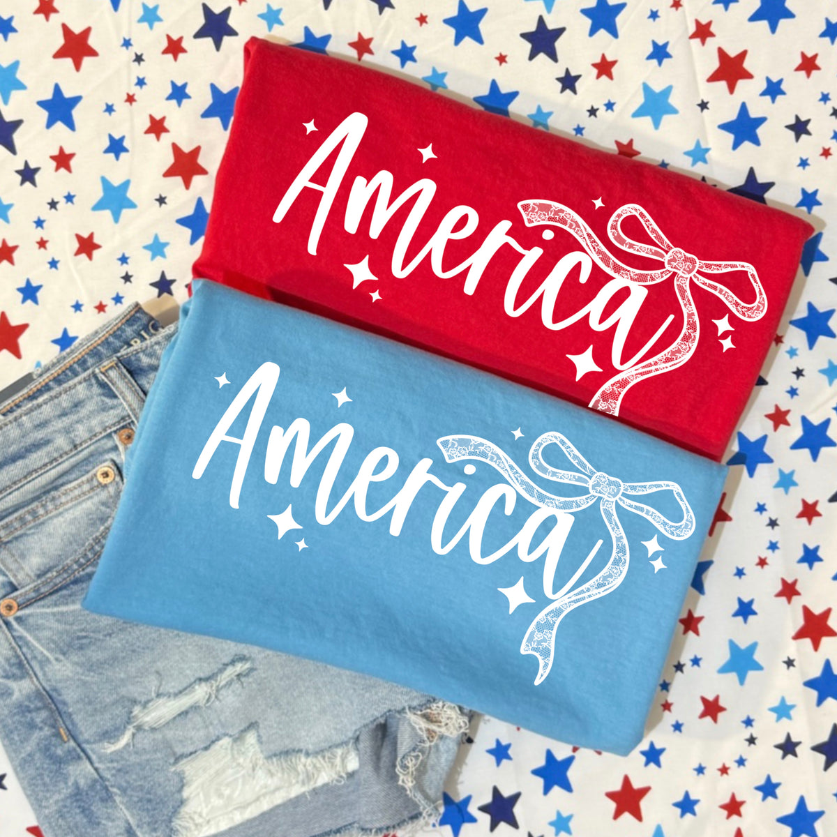 America with lace bow WHITE (CSC) DTF Transfer