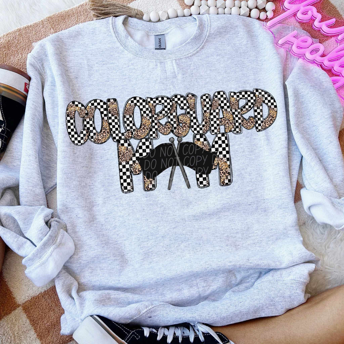 Colorguard mom flags leopard and checkered font city DTF transfer