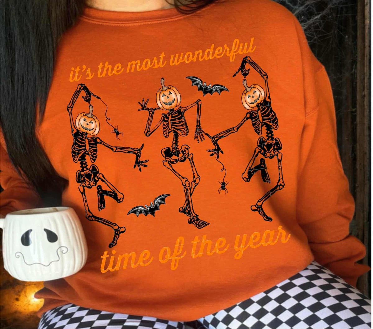 Wonderful time of the year pumpkin head skeletons (Linda) DTF transfer