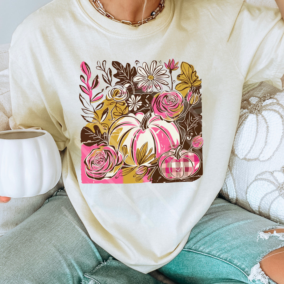 Pink Brown Gold Abstract Florals and Pumpkin 110923 DTF transfer