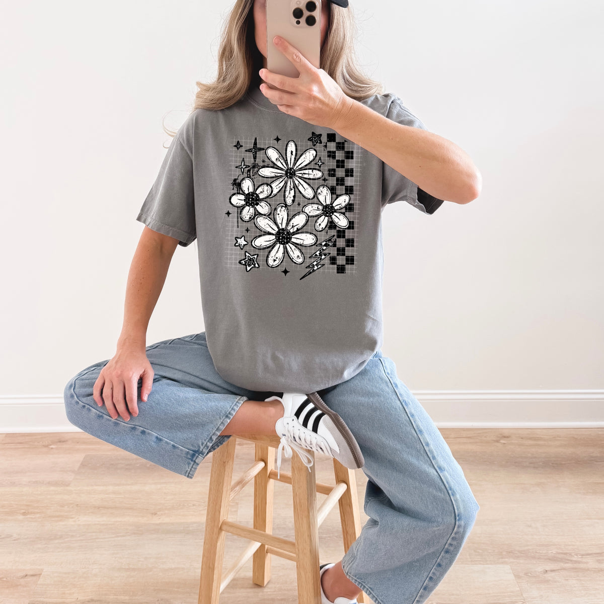 Black and White Grunge florals with checker (CSC) DTF Transfer