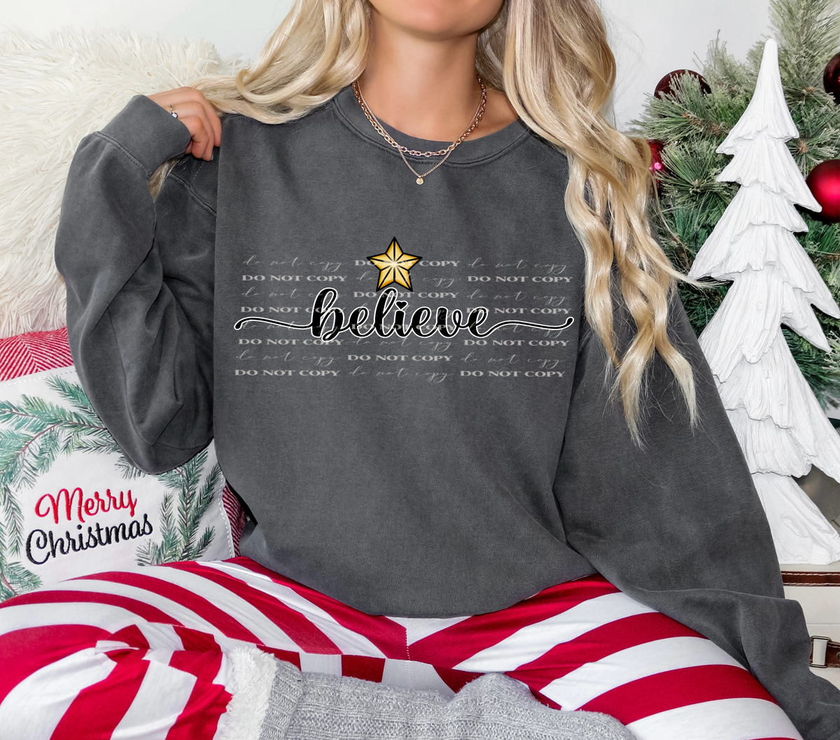 Believe black font with star NO Christmas lights 67402 DTF transfer