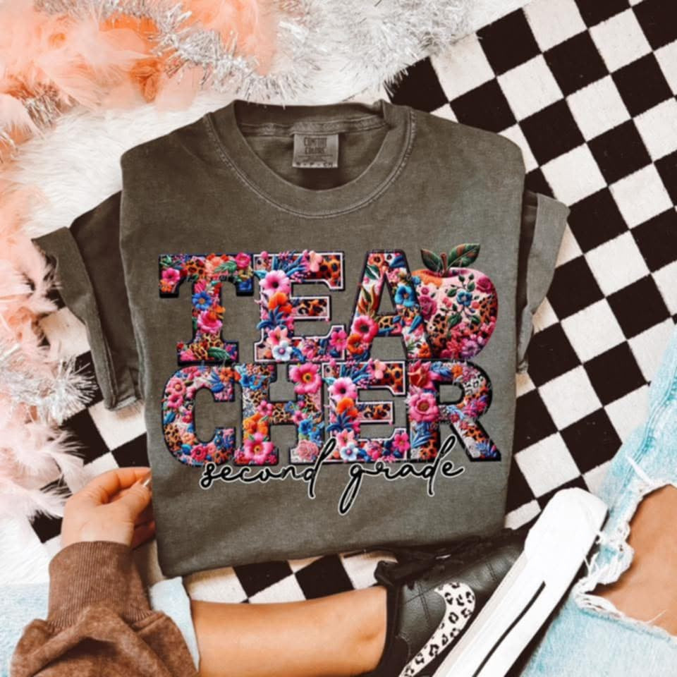 Teacher second grade floral and leopard 96045 DTF transfer