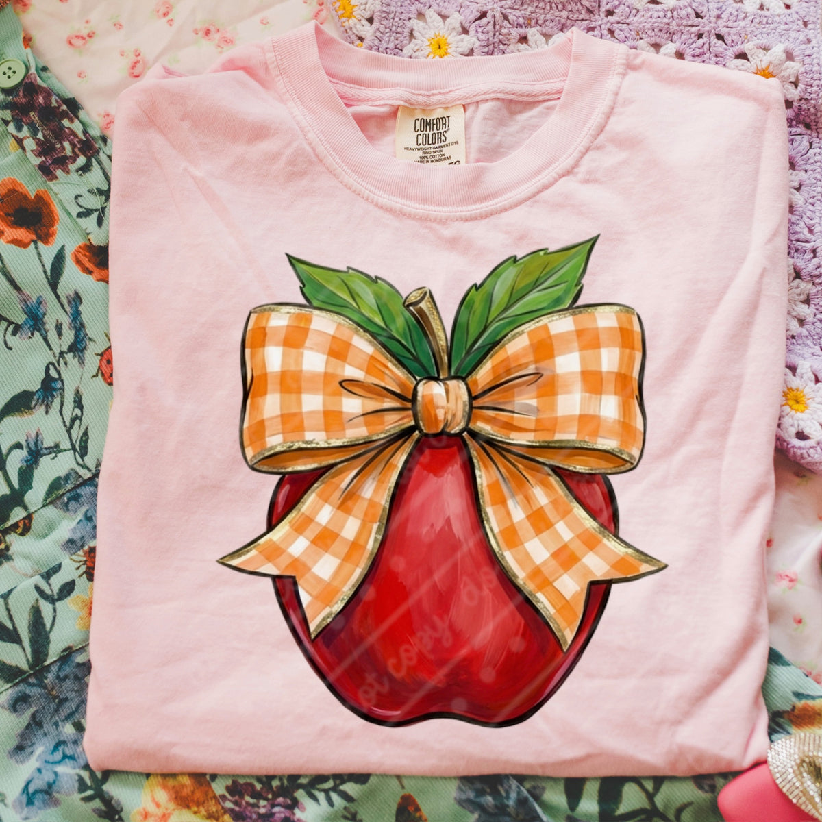 Apple with orange plaid bow DTF Transfer