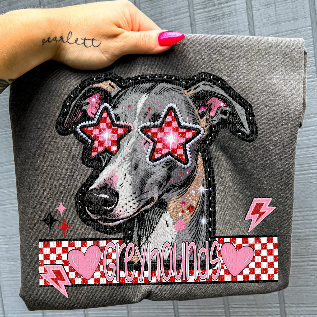 Greyhounds faux embroidery valentines (virgo) DTF transfer