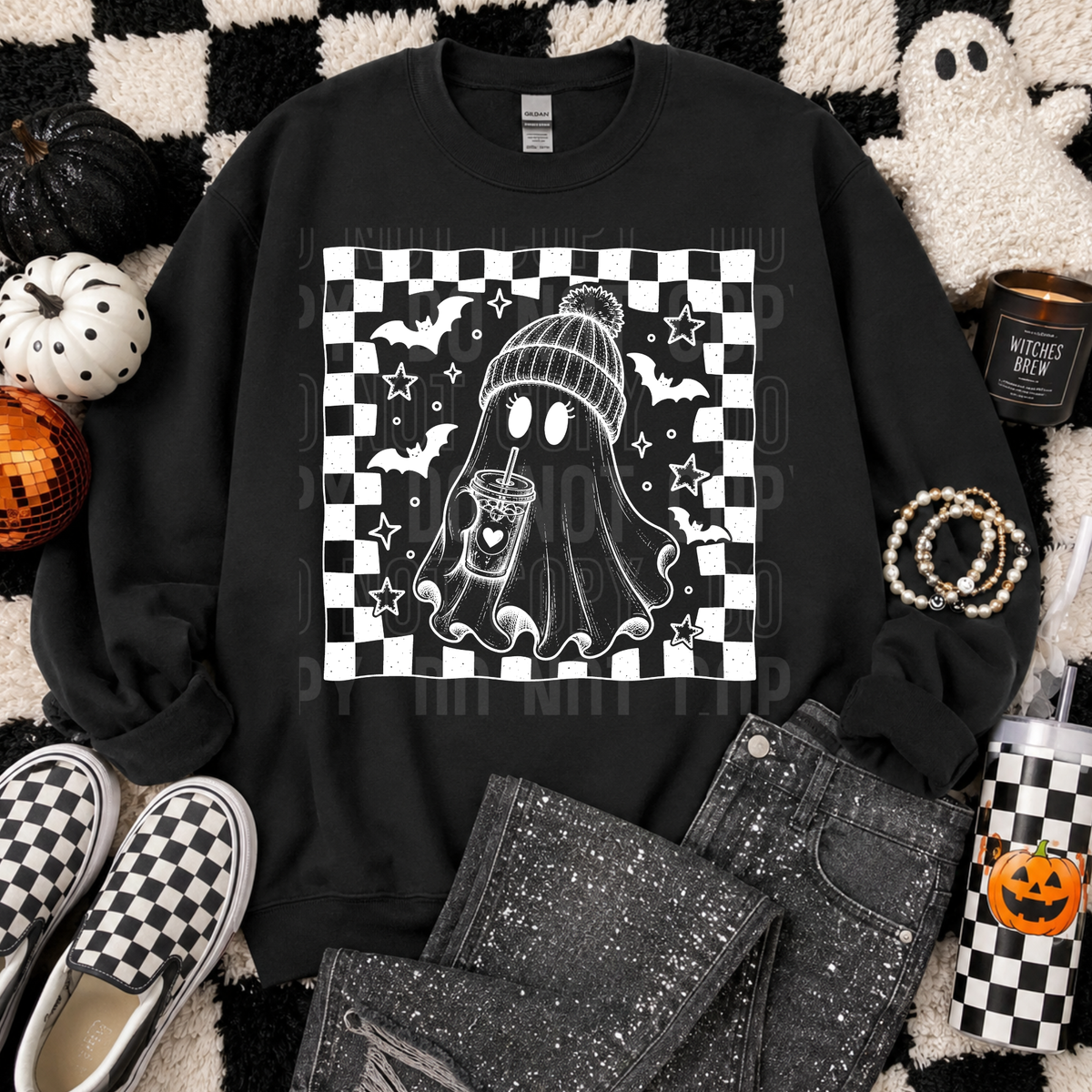 Ghost drinking coffee white checkered frame (SBB) DTF Transfer