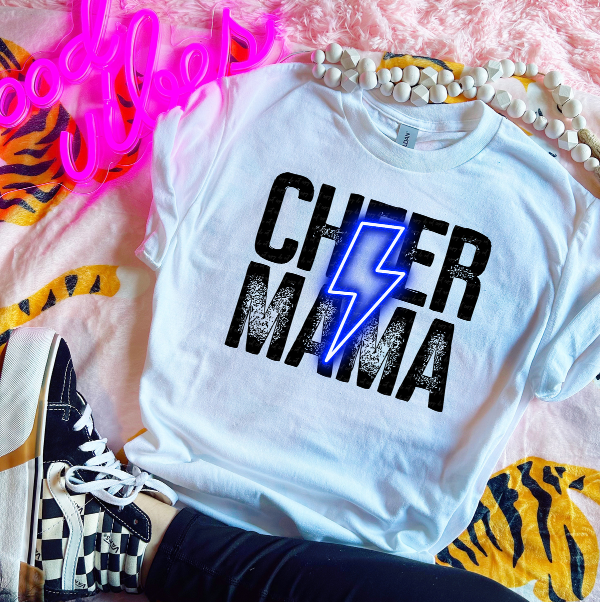 Cheer Mama Blue Lightning Bolt Distressed 116146 DTF Transfer