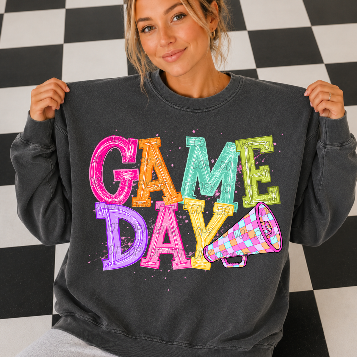 cheer checker pink bright game day (city) DTF transfer