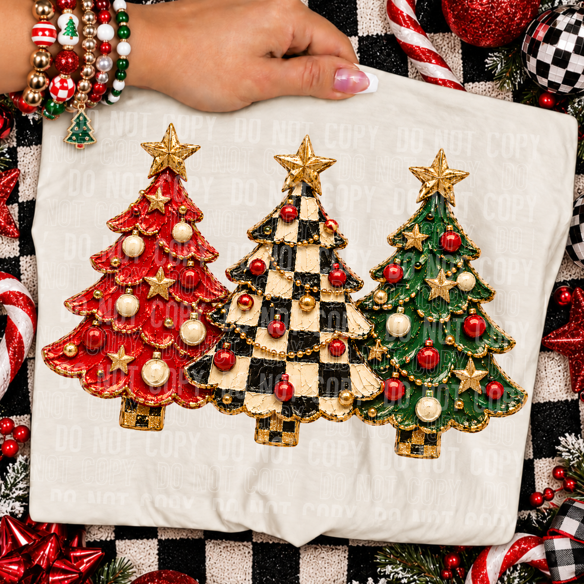 Faux painted Christmas tree trio with gold stars (SBB) DTF Transfer