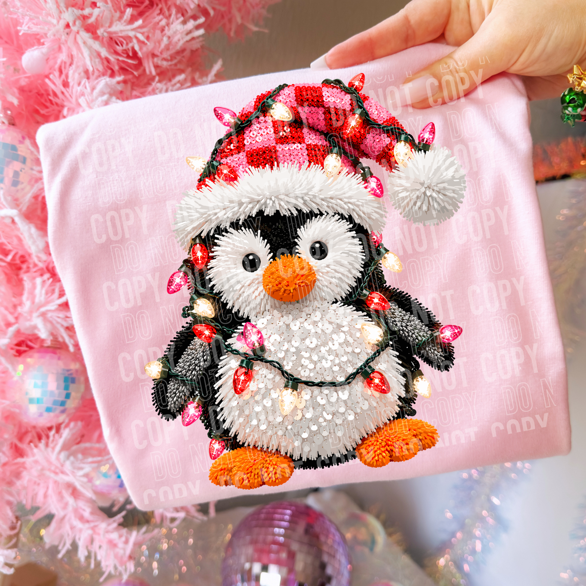 Penguin pink and red plaid hat wrapped in Christmas lights faux yarn (SBB) DTF Transfer