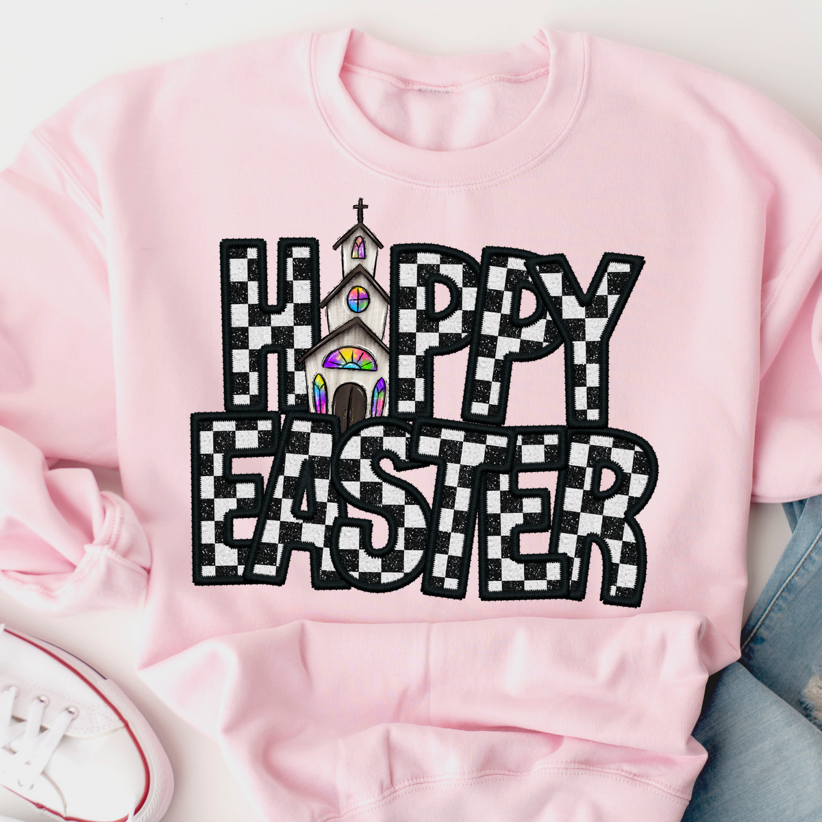 Happy easter checkered  with church (CITY) 24268 DTF transfer