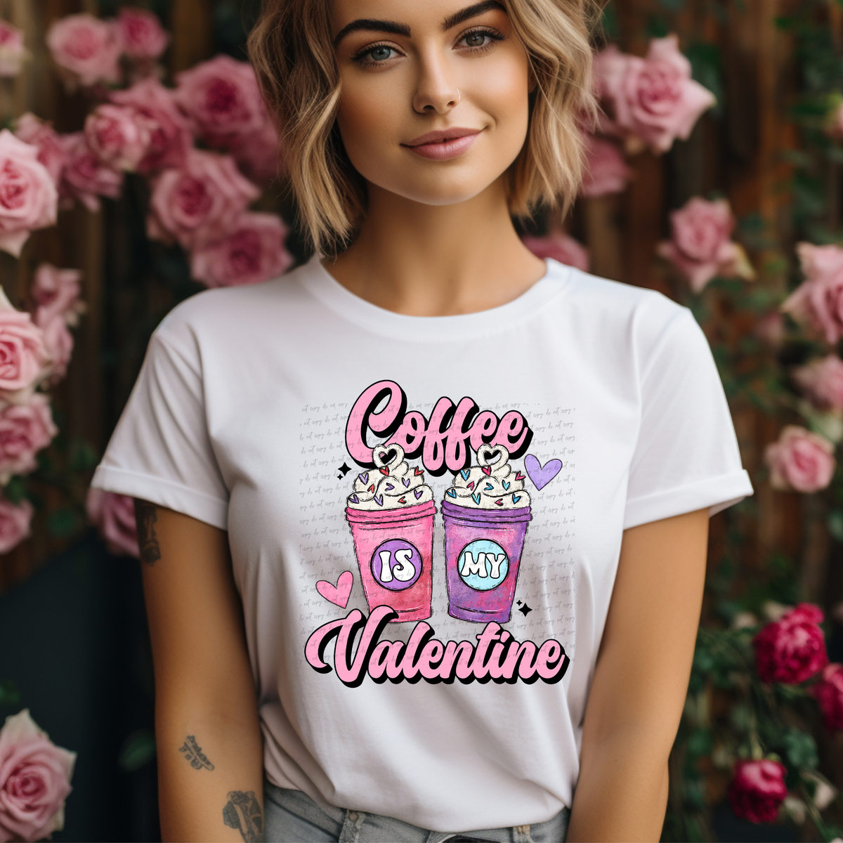 Coffee Is My Valentine Pink and Purple Coffee Cup Hearts 116165 DTF Transfer