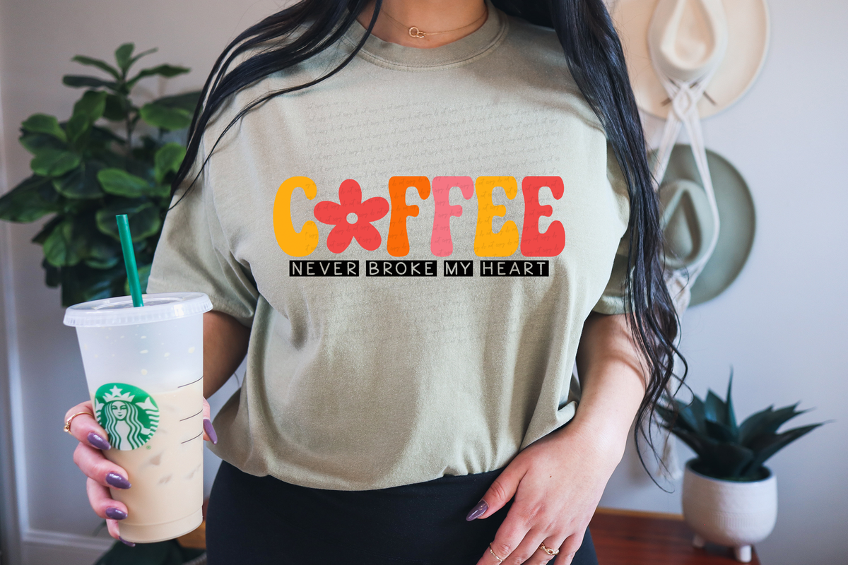 Coffee Never Broke My Heart Retro Yellow Pink and Orange Font 116167 DTF Transfer
