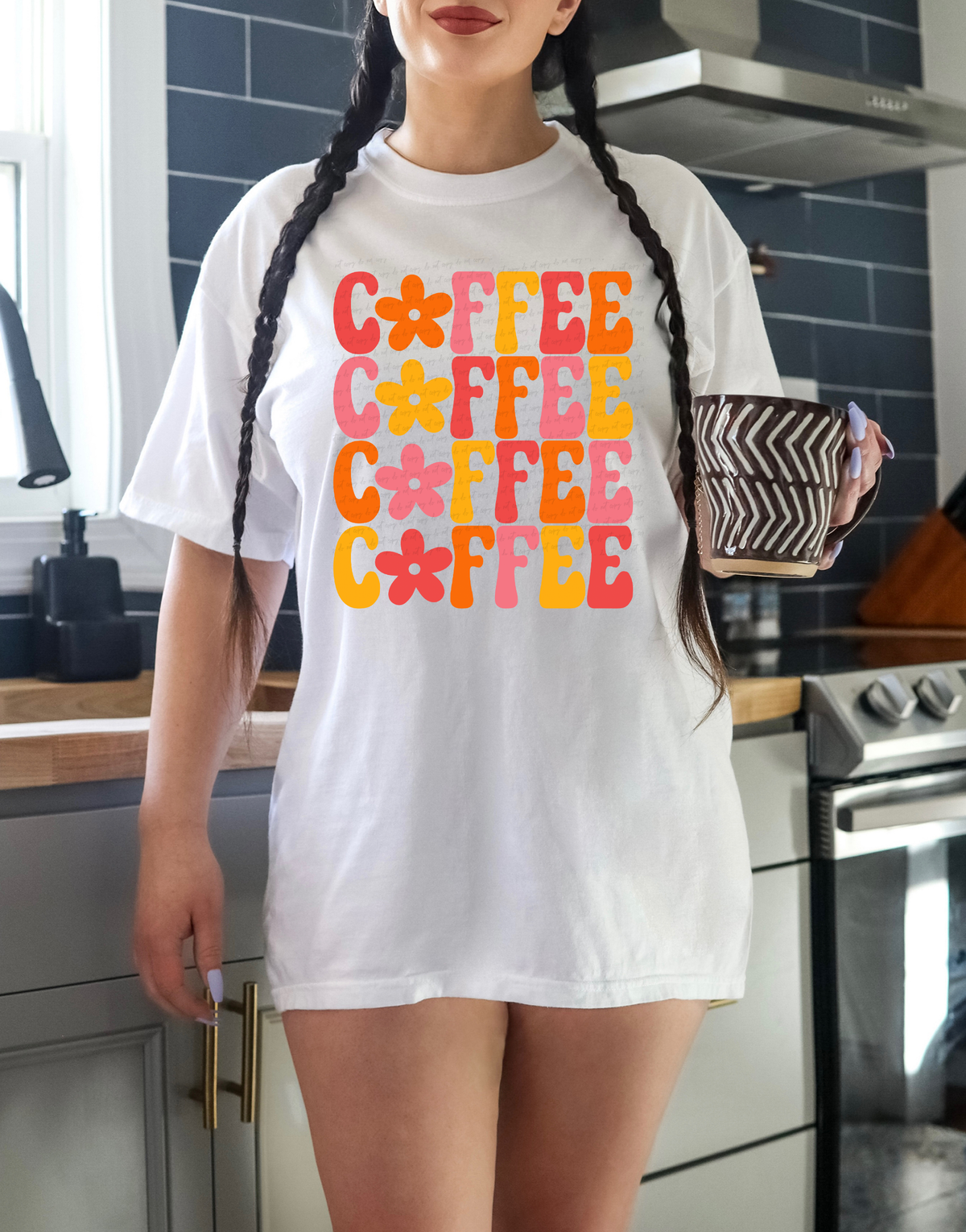 Coffee Stacked Retro Flowers Yellow Pink and Orange Font 116168 DTF Transfer