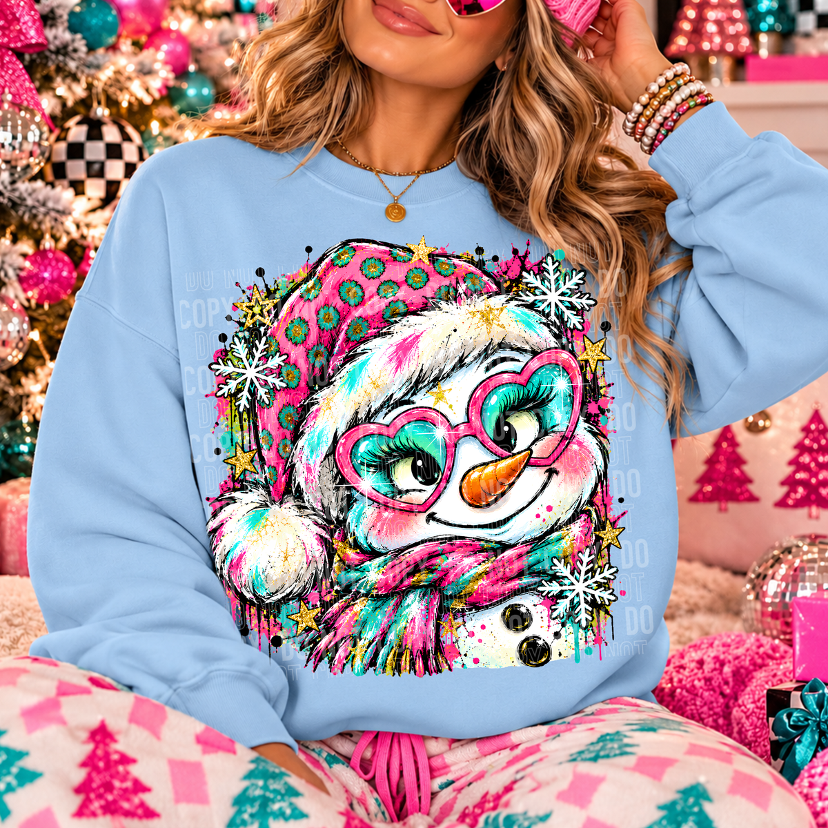 Colorful distressed snowman pink Santa hat (SBB) DTF Transfer