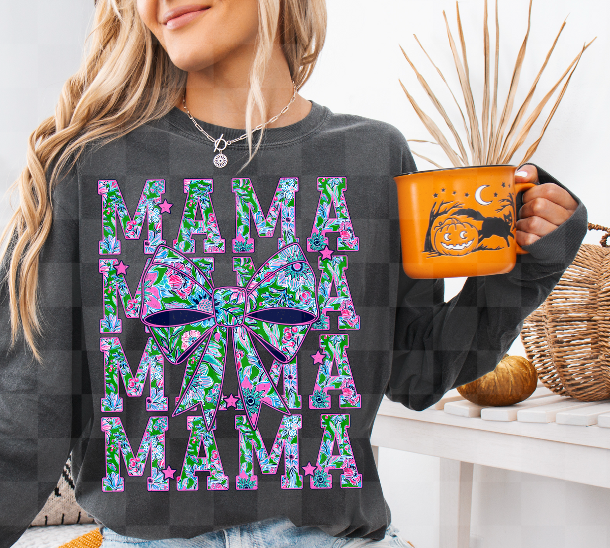 Mama stacked with bow BRIGHT floral (Lyttle) DTF Transfer