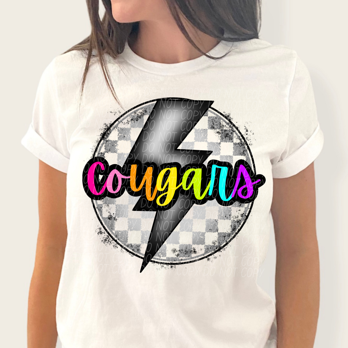 Cougars BRIGHT COLORS FONT lightning bolt circle CITY DTF transfer