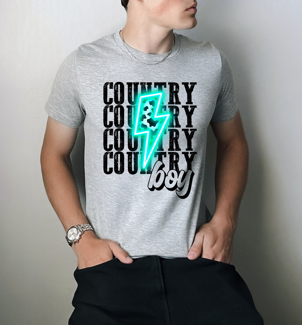 Country Boy Stacked Teal Lightning Bolt 116173 DTF Transfer