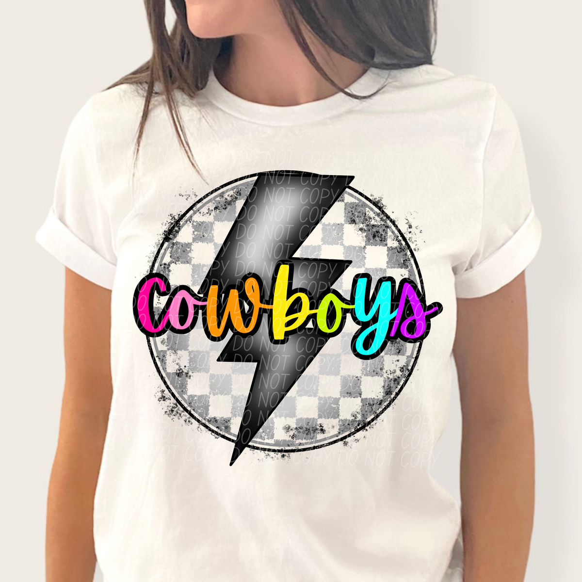 Cowboys BRIGHT COLORS FONT lightning bolt circle CITY DTF transfer