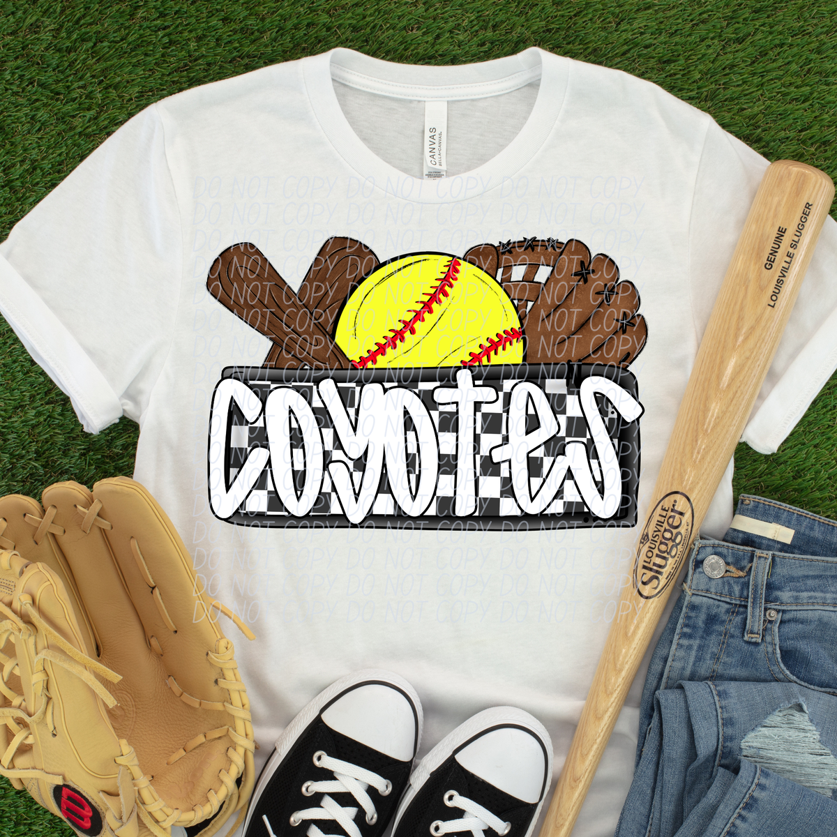 Coyotes (Bat, Softball, Glove, Checkered background) (City) DTF transfer