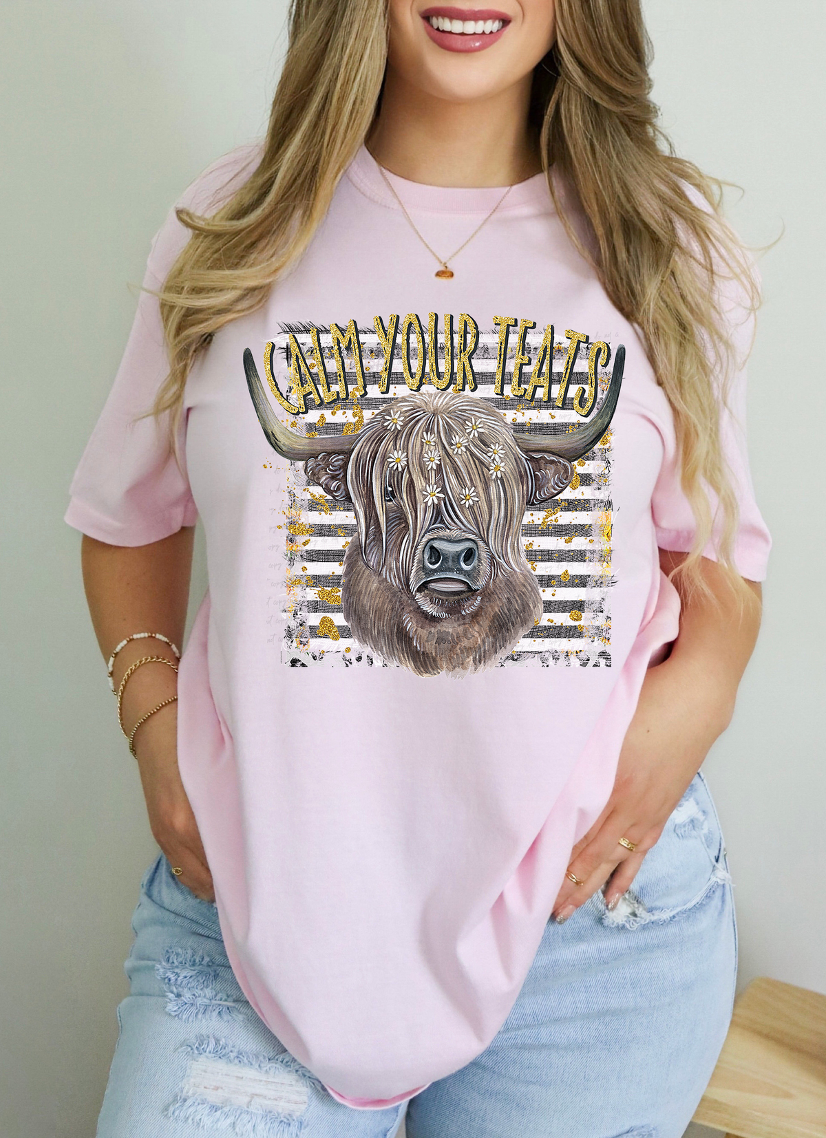 Calm Your Teats Cow Floral Stripes Background 114907 DTF transfer