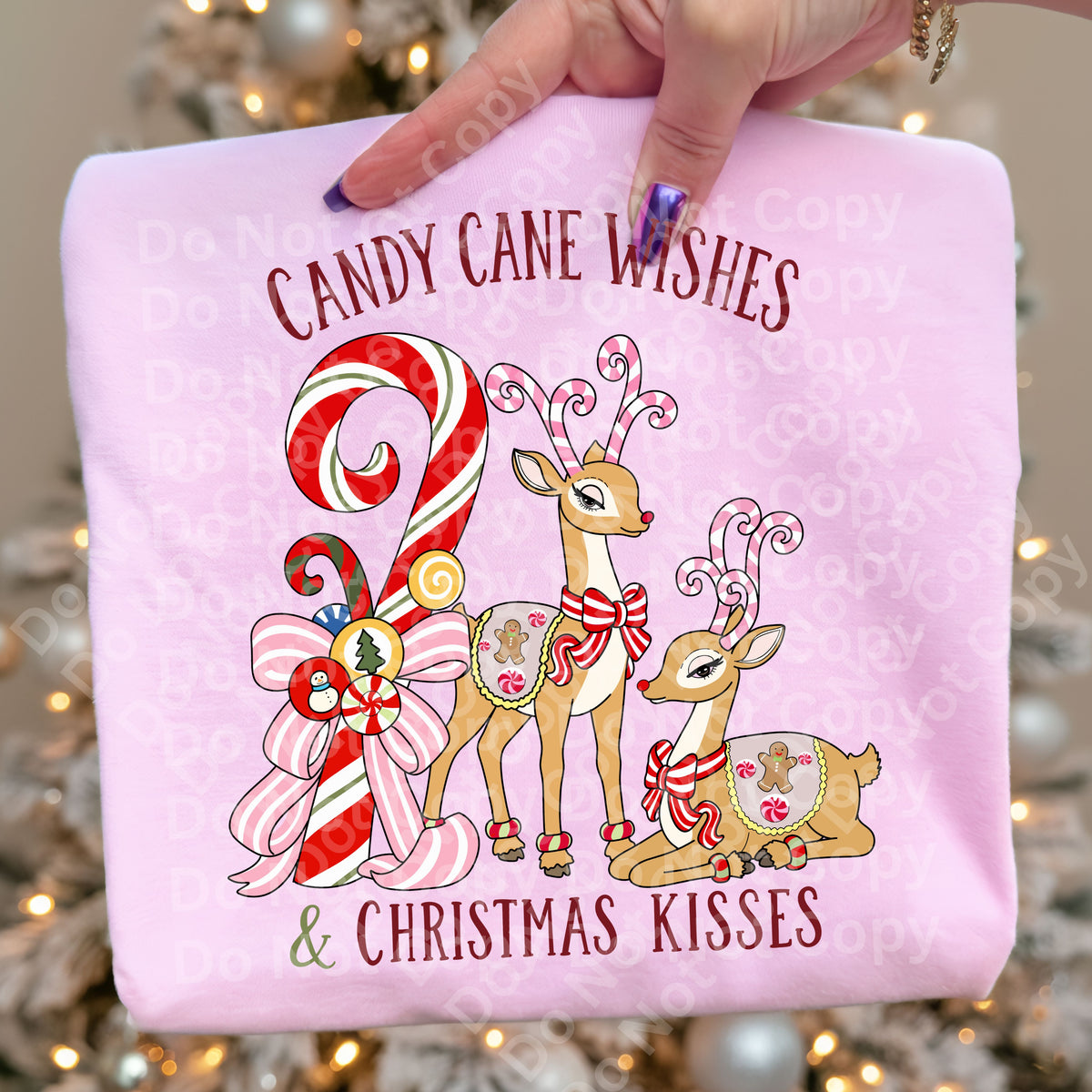 Candy cane wishes & Christmas kisses Reindeer and candy cane with bow (Irene) DTF Transfer