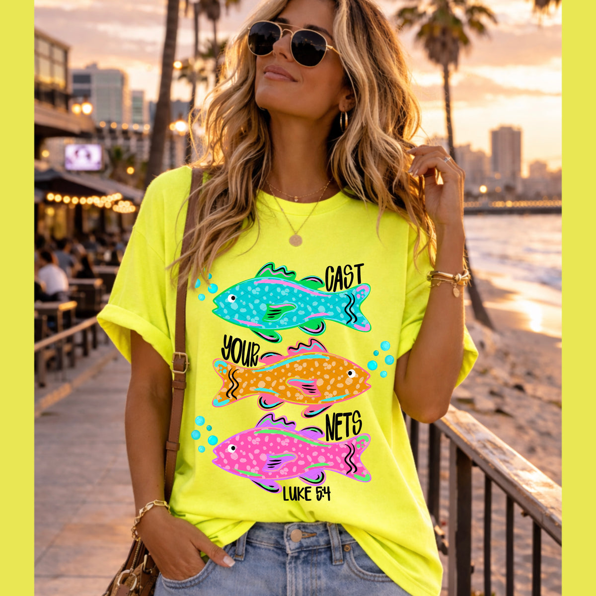 Cast your nets (blue orange pink fish stacked) (SDD) DTF Transfer