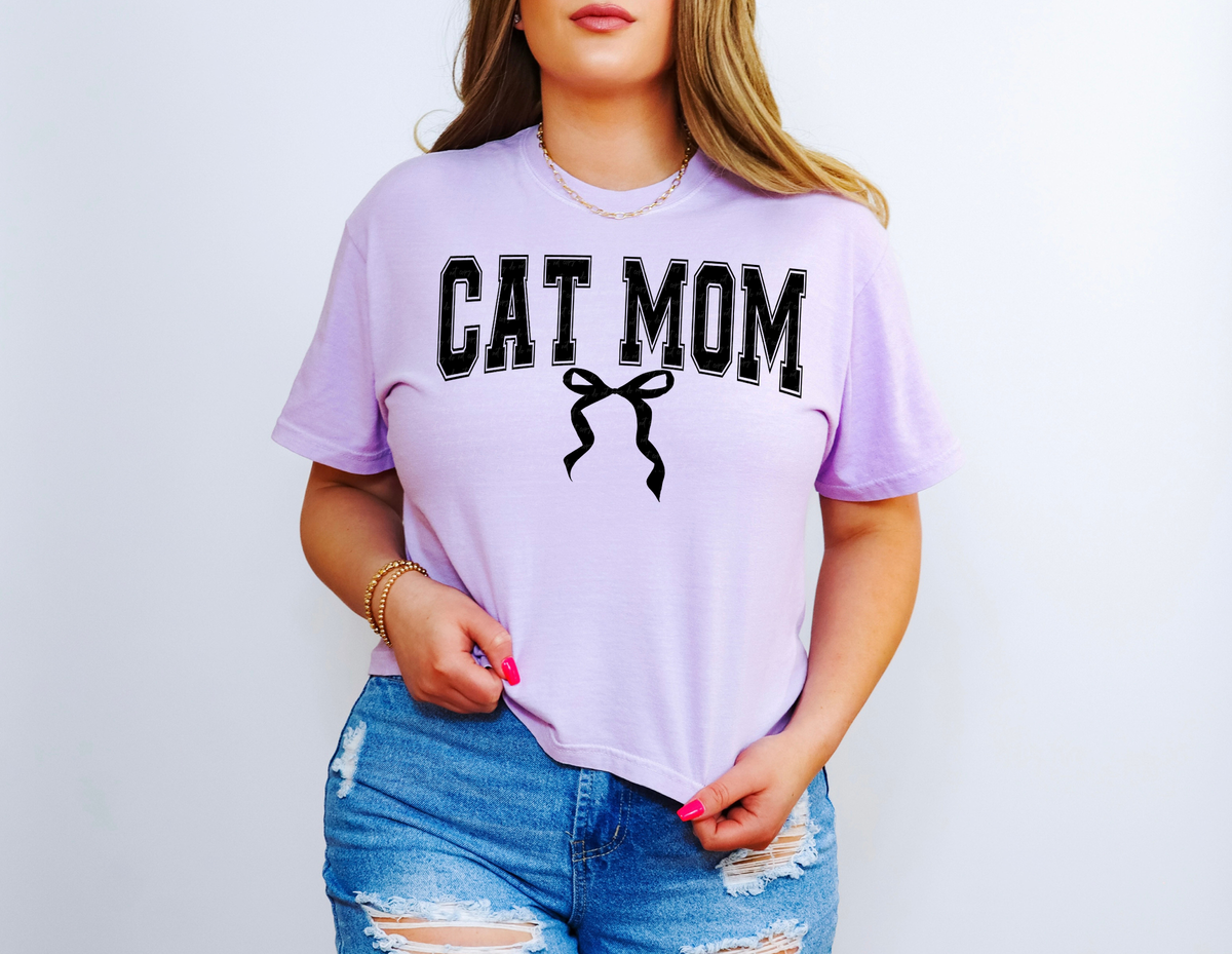 Cat Mom Curve Varsity Font With Bow Black 86556 DTF Transfer