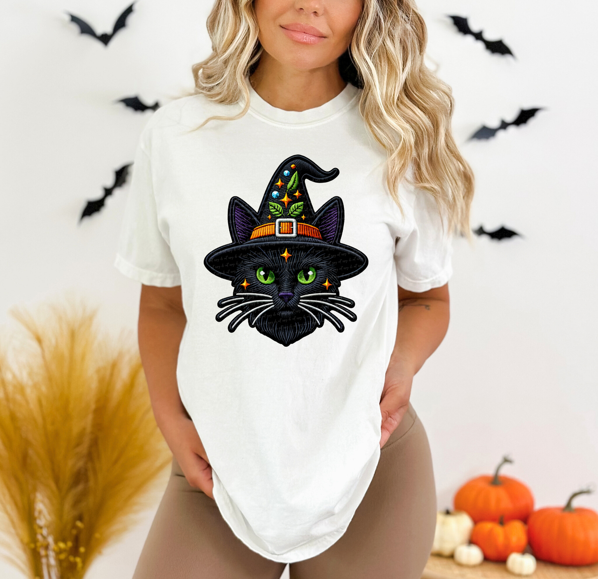 Faux Embroidery Black Cat Witch 57386 DTF transfer
