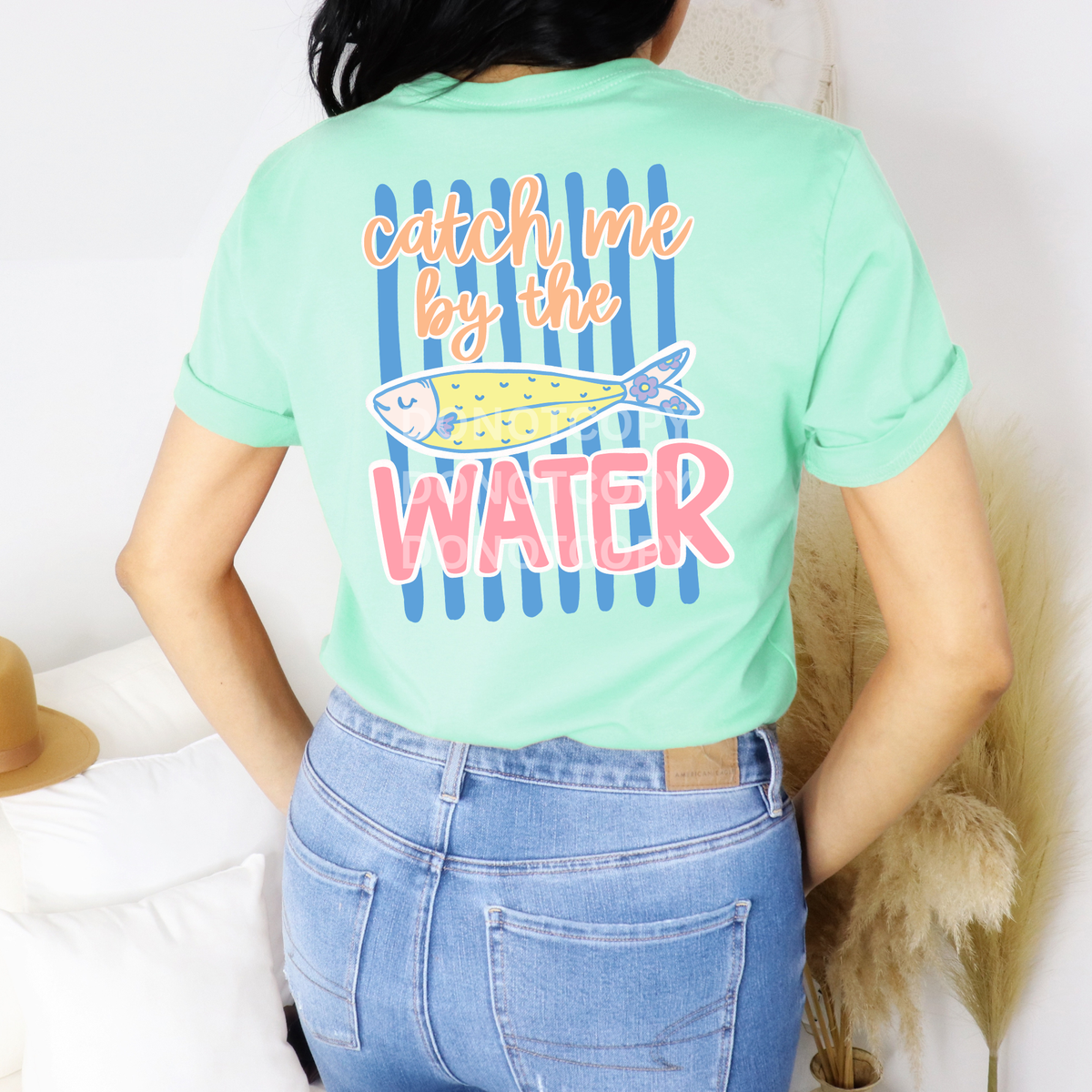 catch me by the water blue striped background with yellow fish (CSG) DTF Transfer