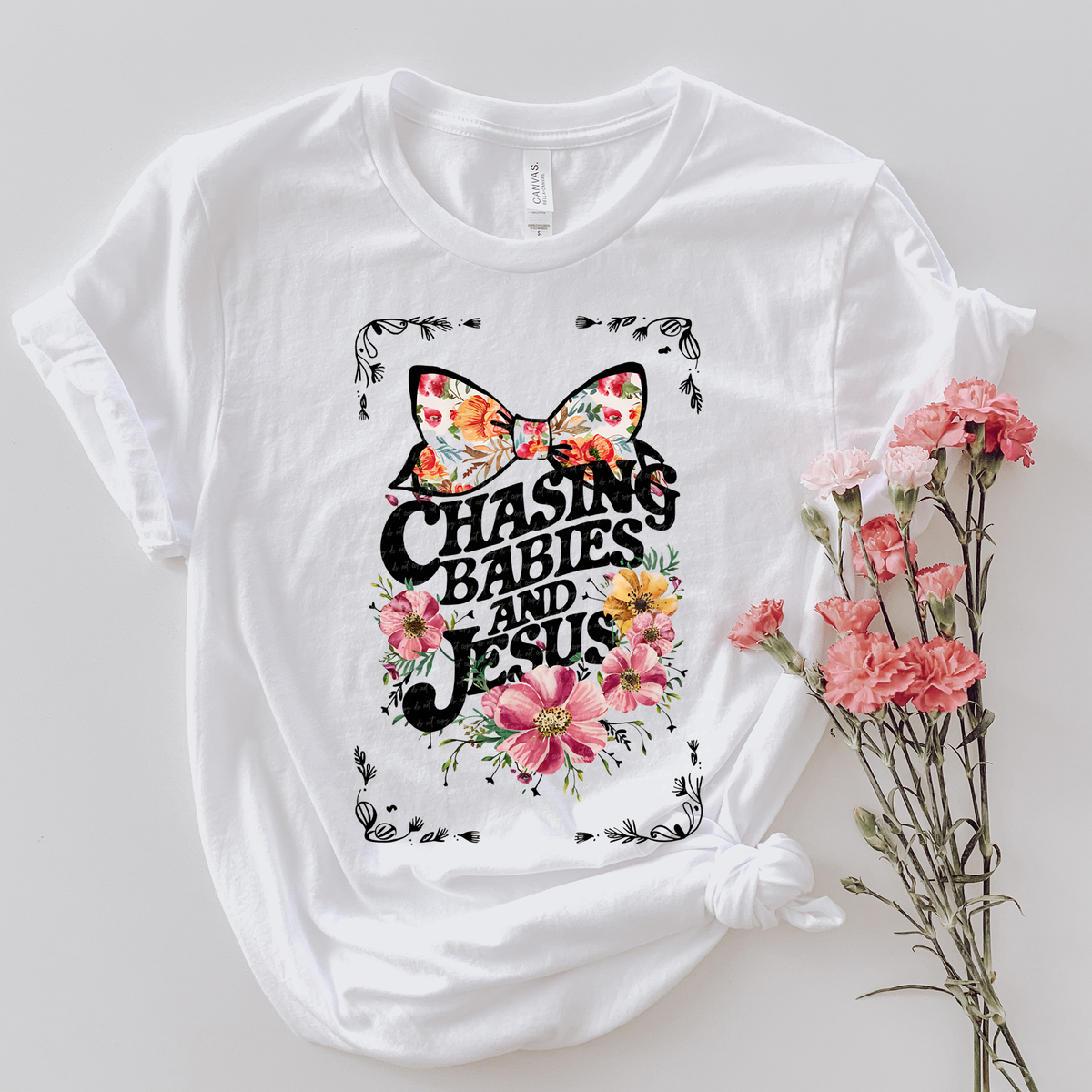 Chasing Babies and Jesus Pink Flowers Floral Bow 81274 DTF Transfer