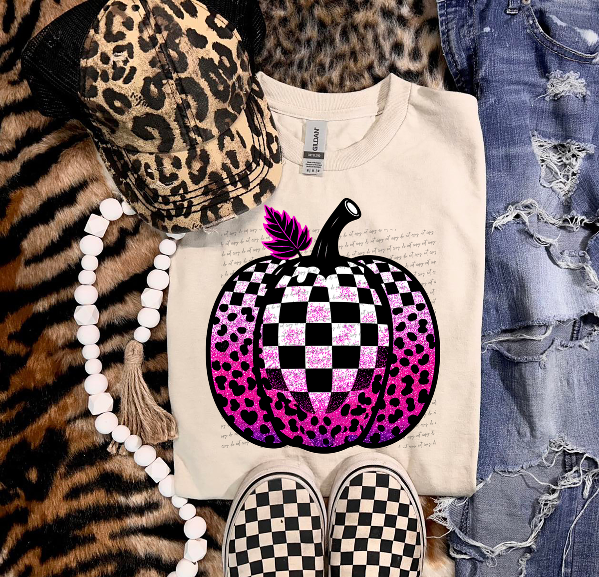 Checkered And Leopard Pink Pumpkin 51708 DTF transfer
