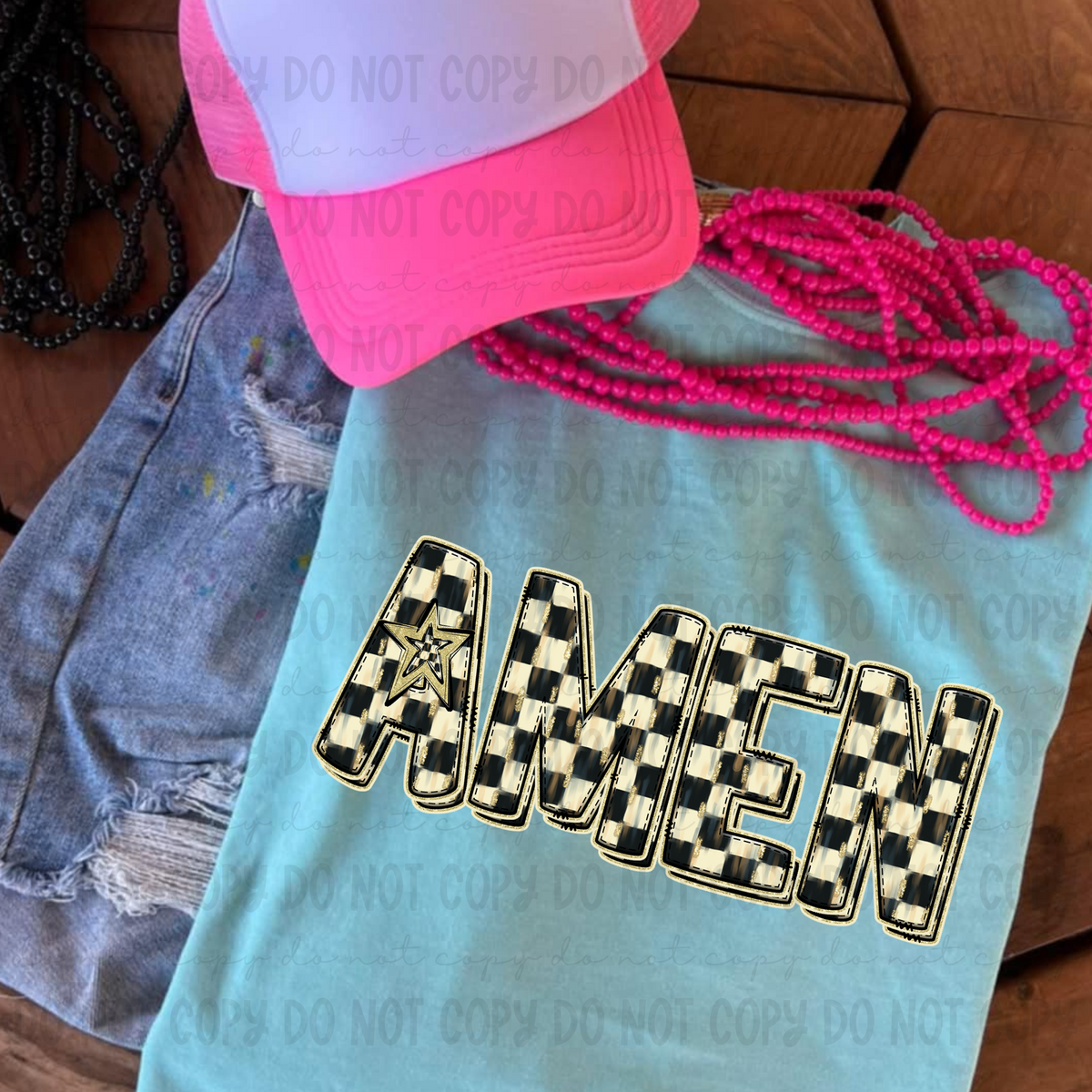 Checkered AMEN (Revel) DTF transfer