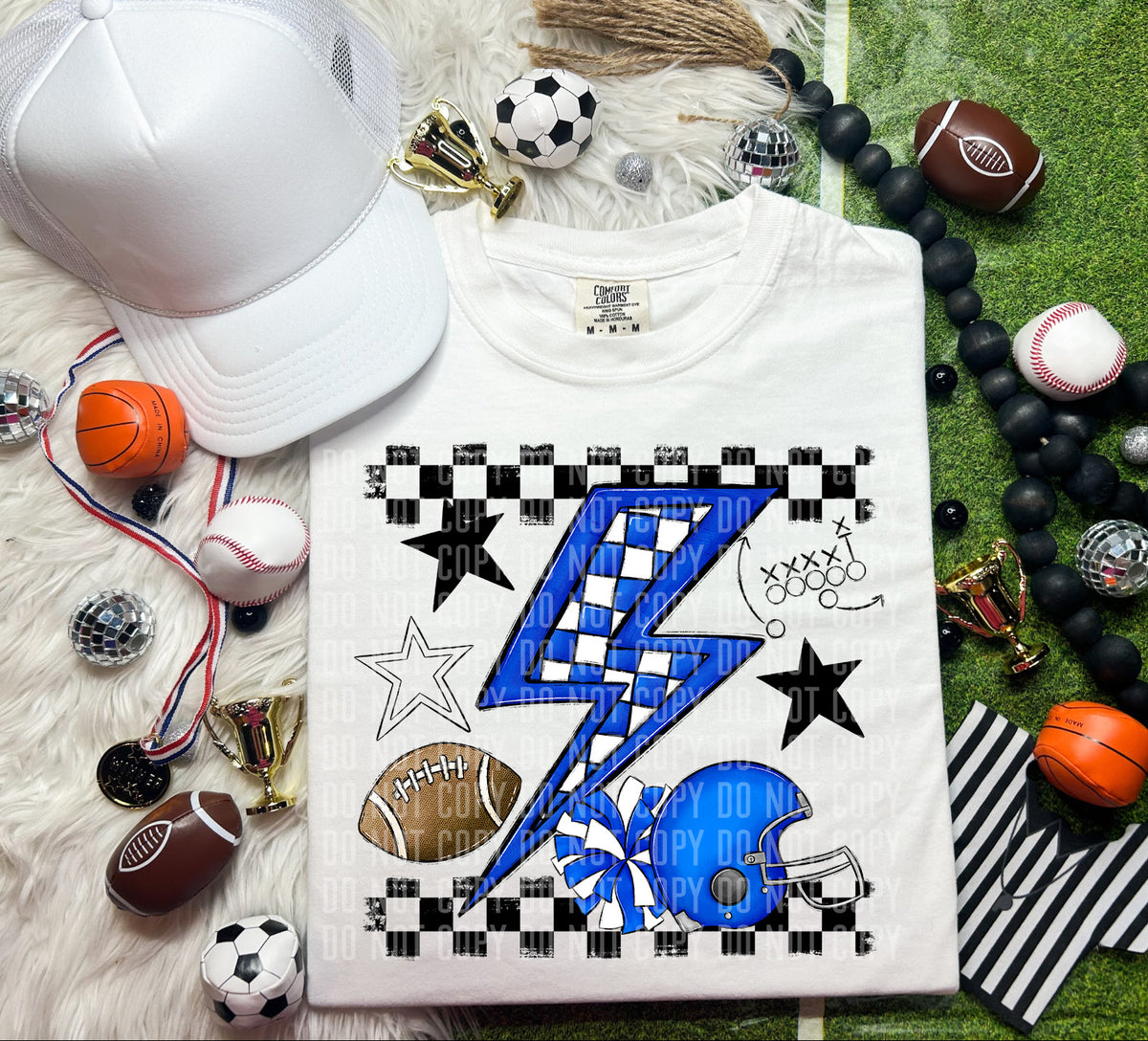 Blue checkered bolt with football items (Caplinger) DTF transfer