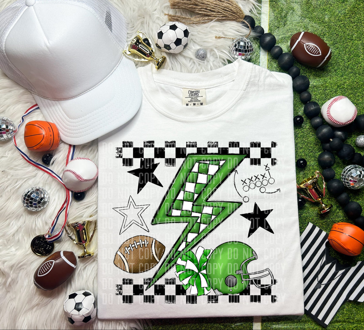 Green checkered bolt with football items (Caplinger) DTF transfer