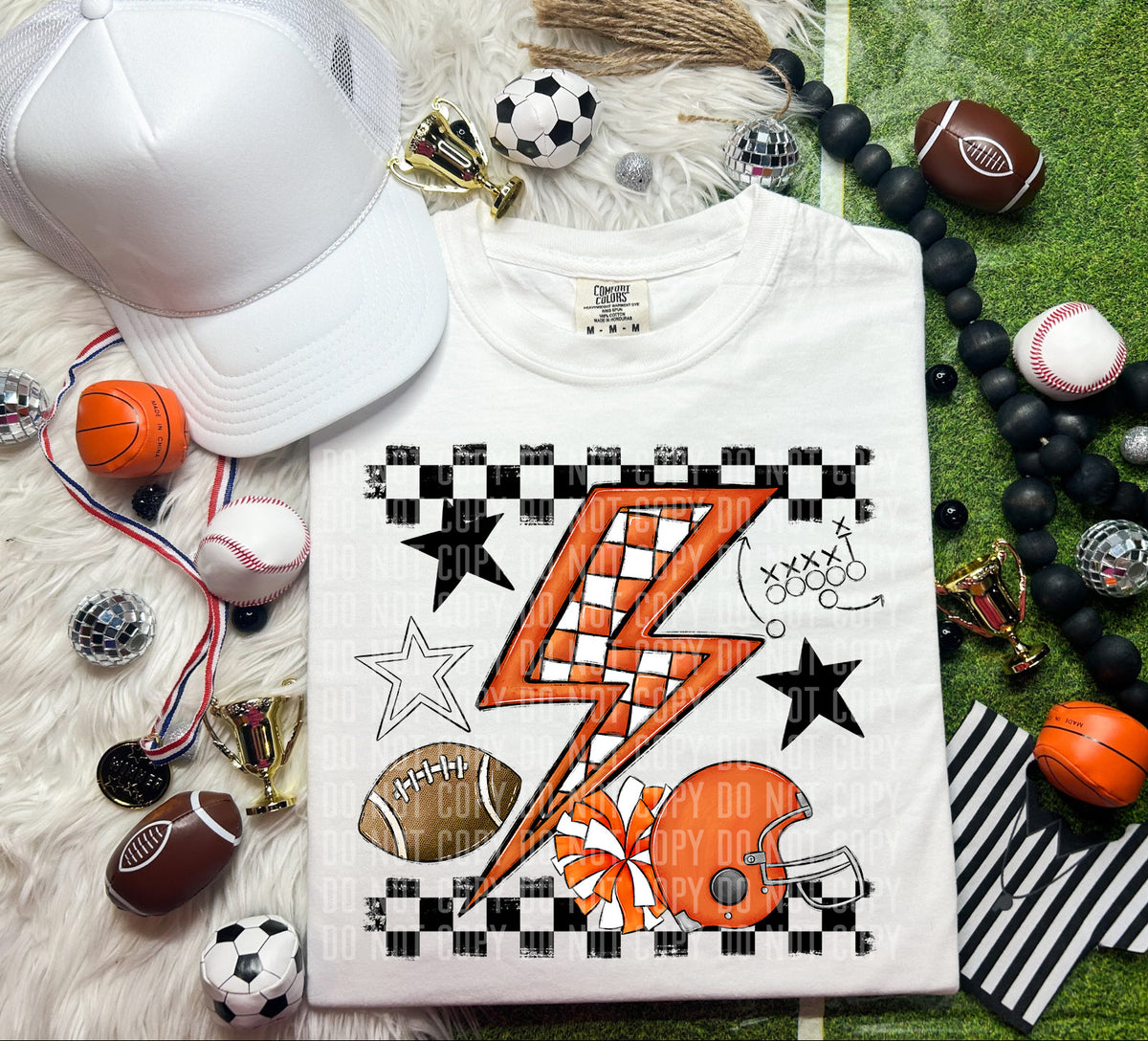 Orange checkered bolt with football items (Caplinger) DTF transfer